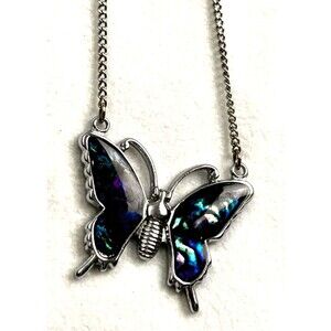 Butterfly Pendant Necklace Iridescent Abalone Shell Silver Tone 18in